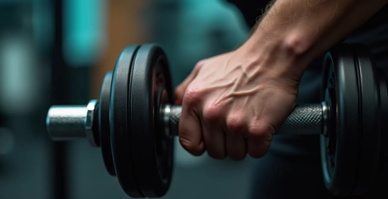 Gros plan sur une main tenant correctement un haltère avec alignement optimal du poignet