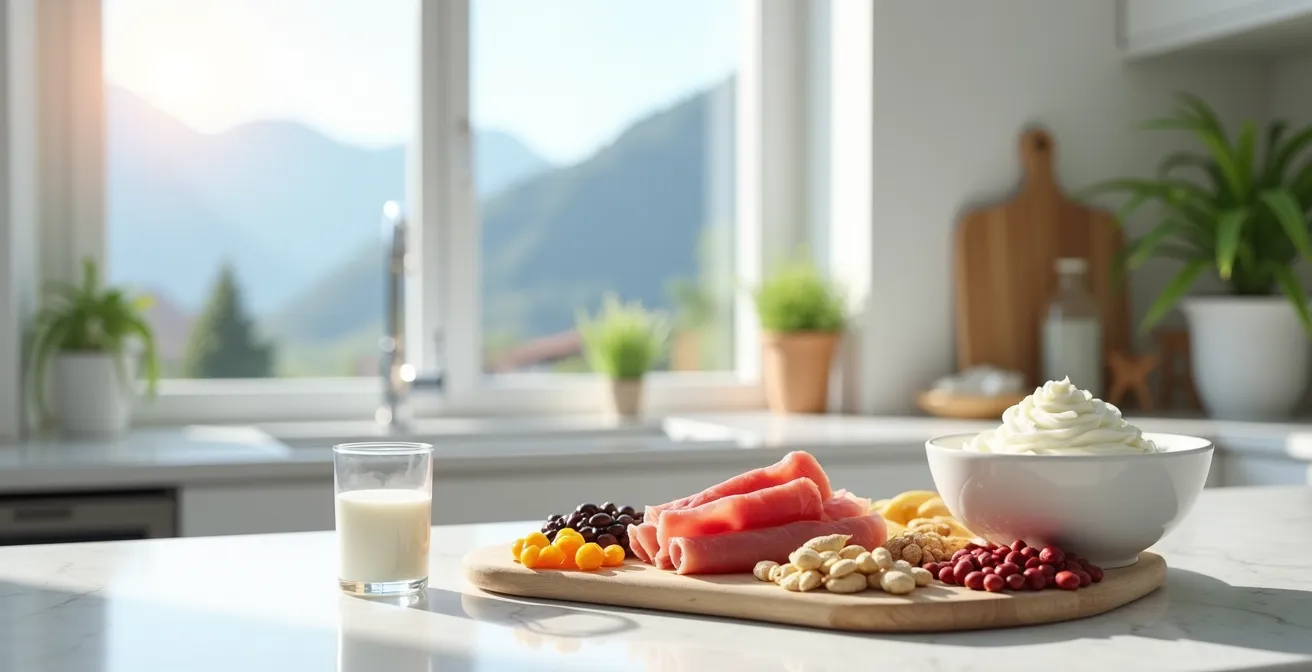 Composition d'aliments riches en protéines incluant du séré suisse, viandes et légumineuses