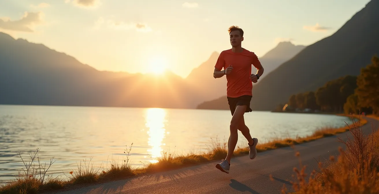 Coureur solitaire au bord du Lac Léman au lever du soleil avec les montagnes en arrière-plan