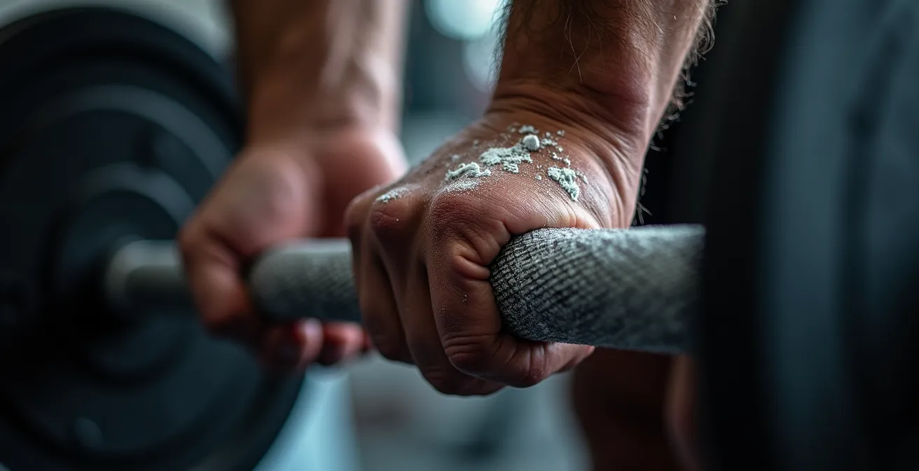 Athlète concentré évaluant son effort pendant une série de développé couché