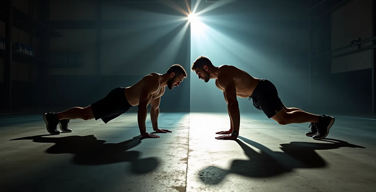 Athlète en position de pompe explosive avec équipement de chronométrage en arrière-plan flou