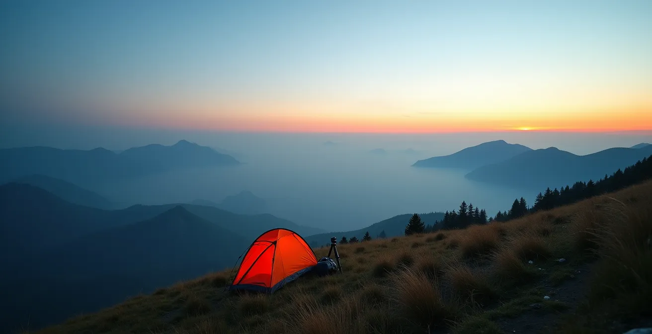 Tente de bivouac minimaliste sur une crête du Jura avec vue sur la chaîne des Alpes à l'aube