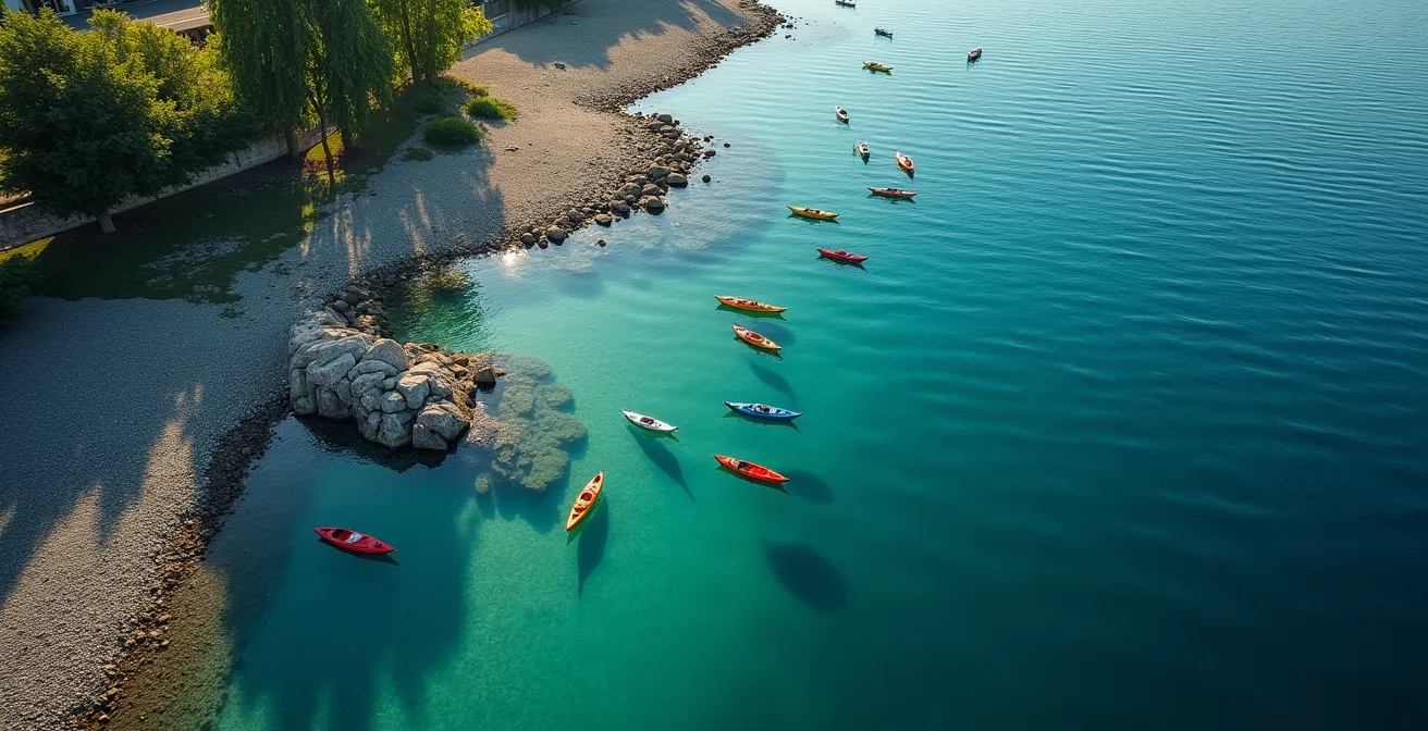 Vue aérienne du lac Léman avec points d'accostage sécurisés marqués pour kayakistes