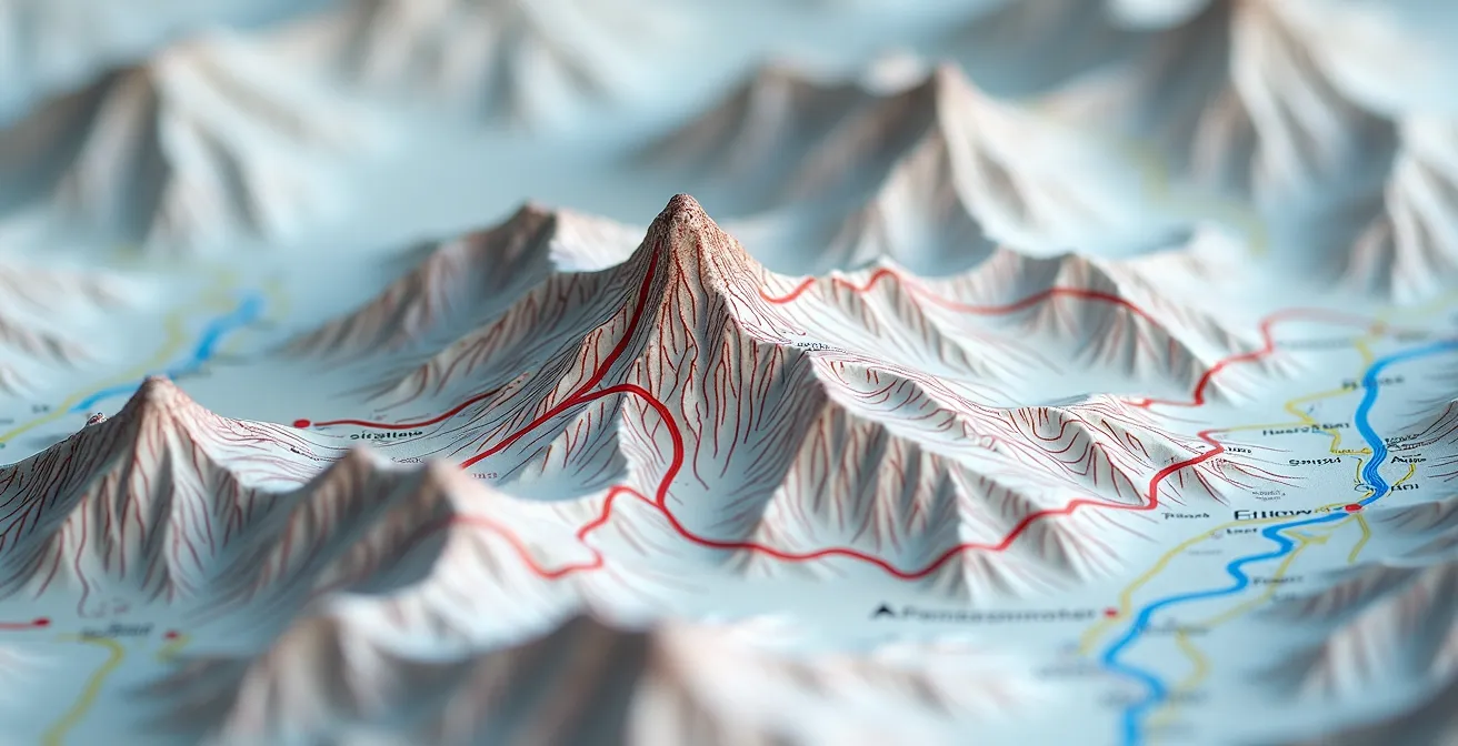 Gros plan sur une carte topographique suisse montrant les courbes de niveau et les couleurs de sentiers
