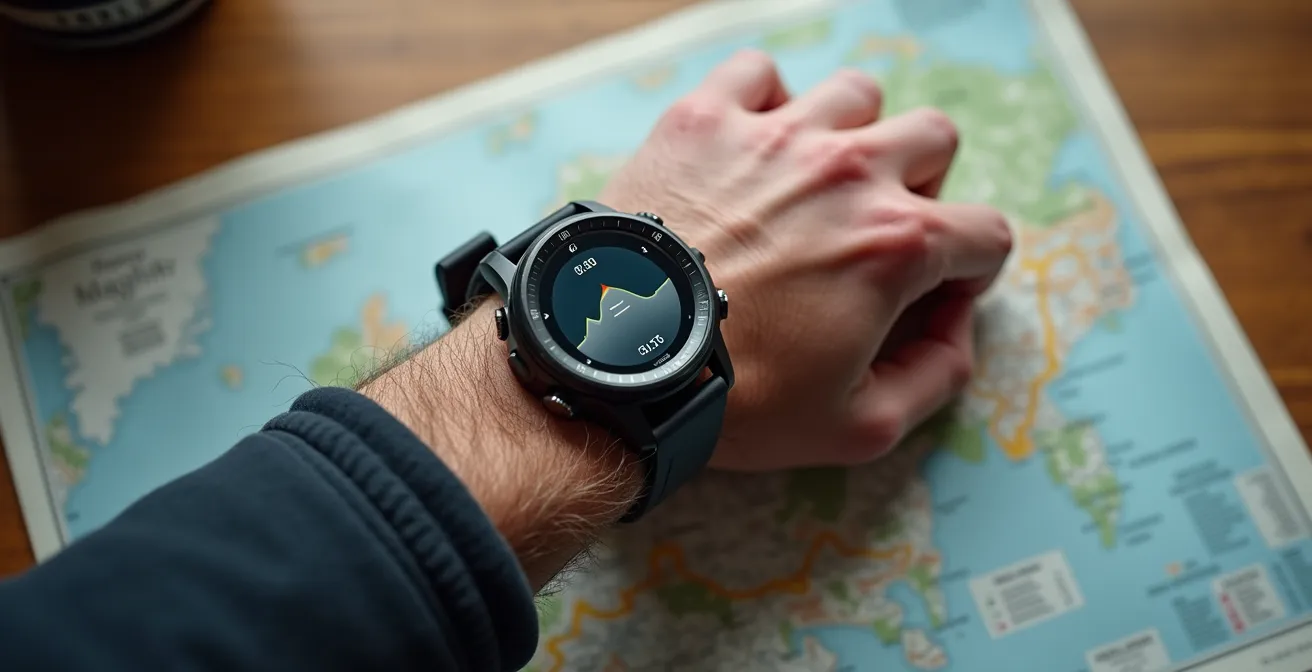 Main tenant une montre GPS avec graphique d'altitude sur fond de carte topographique Swisstopo