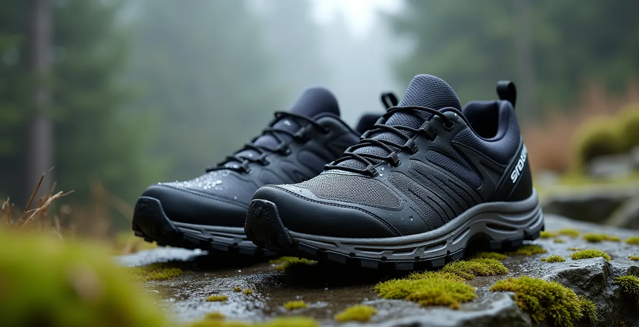 Gros plan sur deux chaussures de trail posées sur un rocher dans le Jura suisse