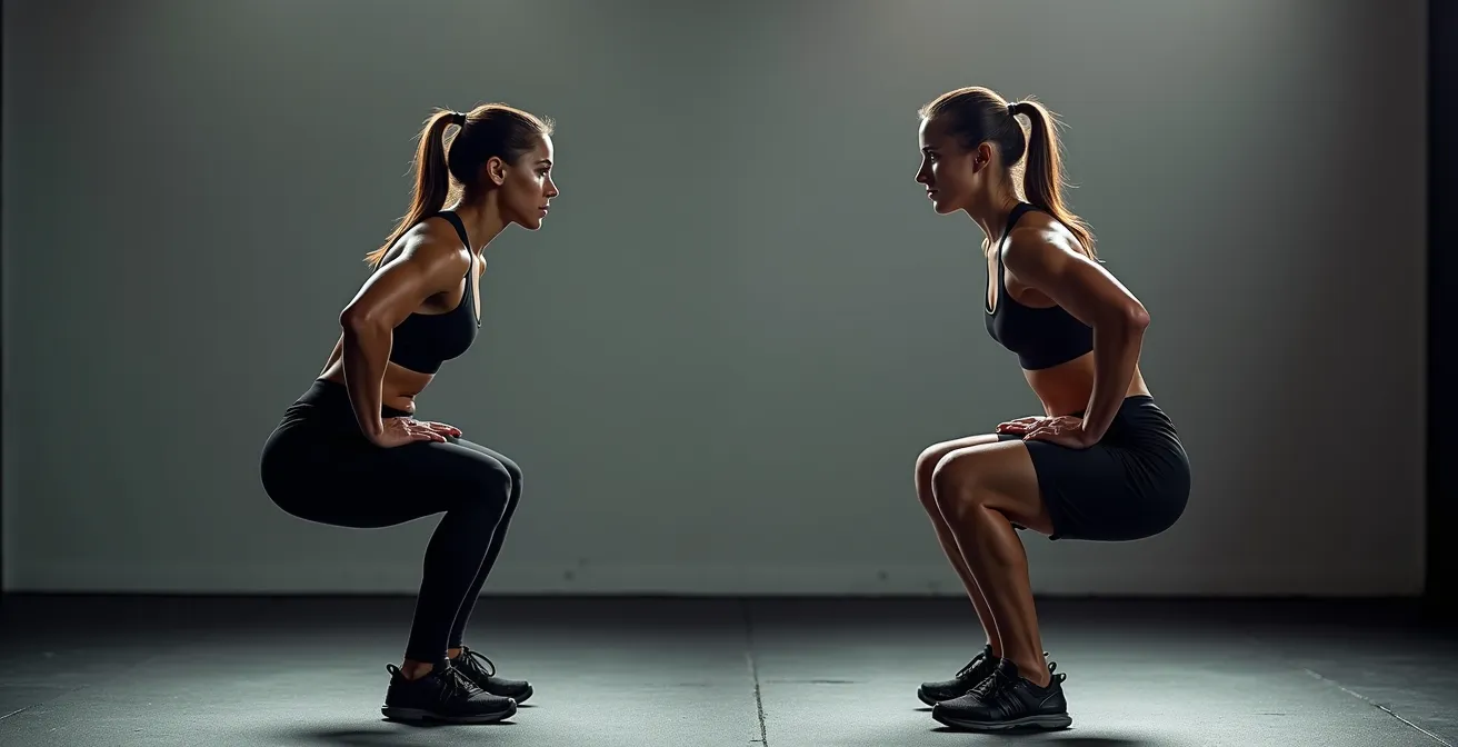 Comparaison visuelle de la position de la colonne vertébrale entre front squat et back squat, montrant un dos plus droit en front squat.
