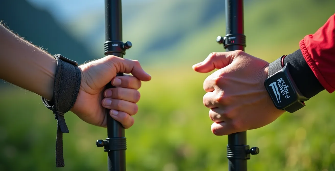 Comparaison détaillée entre un gantelet et une dragonne simple sur des bâtons de marche nordique