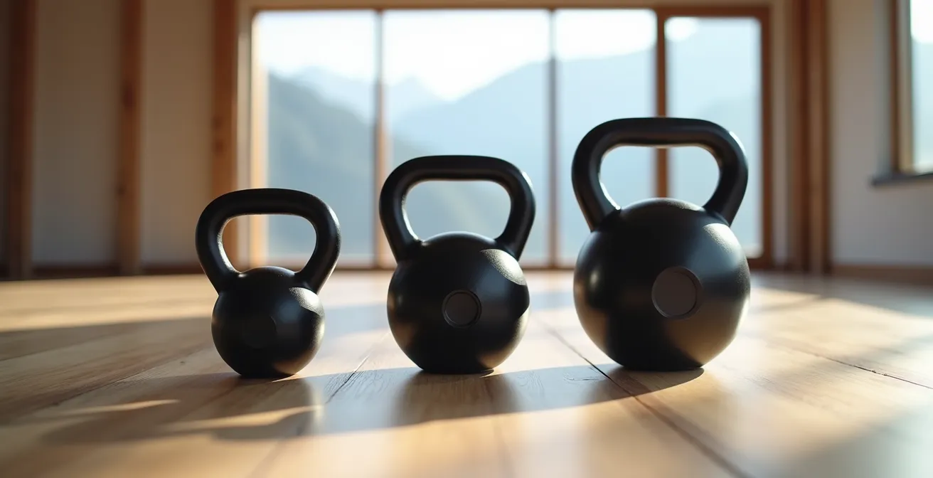 Trois kettlebells de poids différents alignés sur un sol de salle de sport