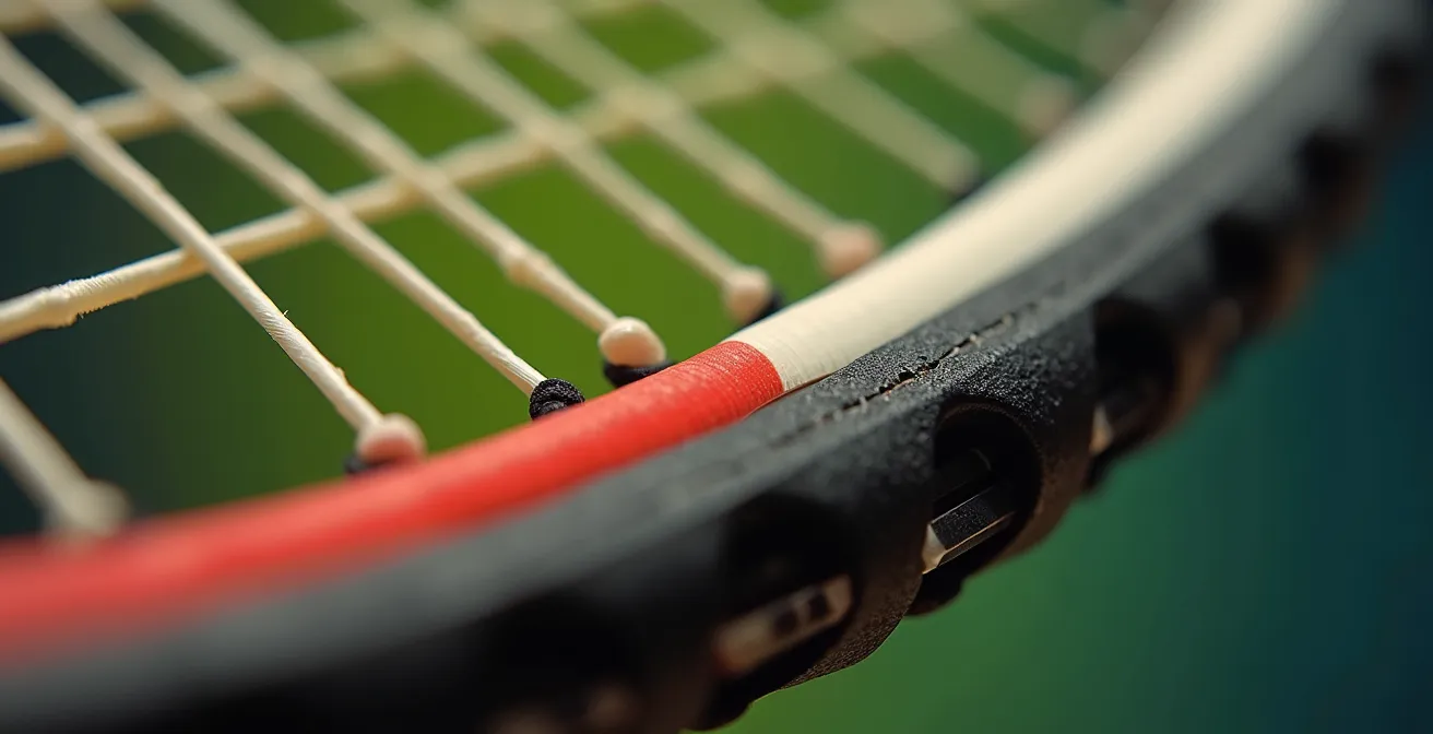 Vue macro détaillée de différents cordages de tennis montrant les textures multifilament et monofilament