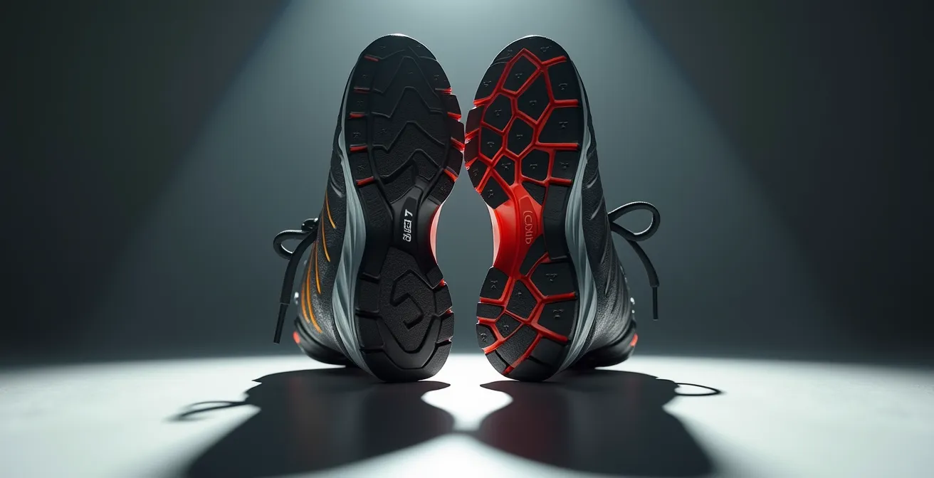 Comparaison côte à côte de semelles de chaussures trail et route