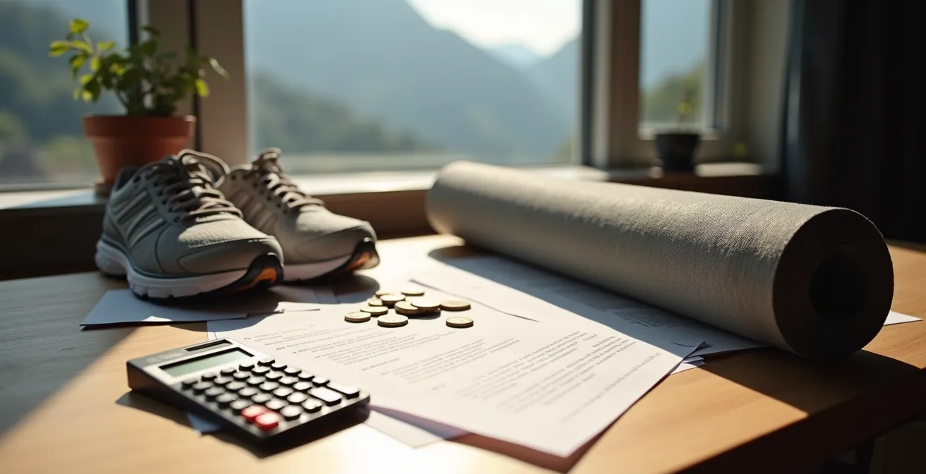 Bureau lumineux avec calculatrice, documents d'assurance et équipement sportif posés sur une table en bois