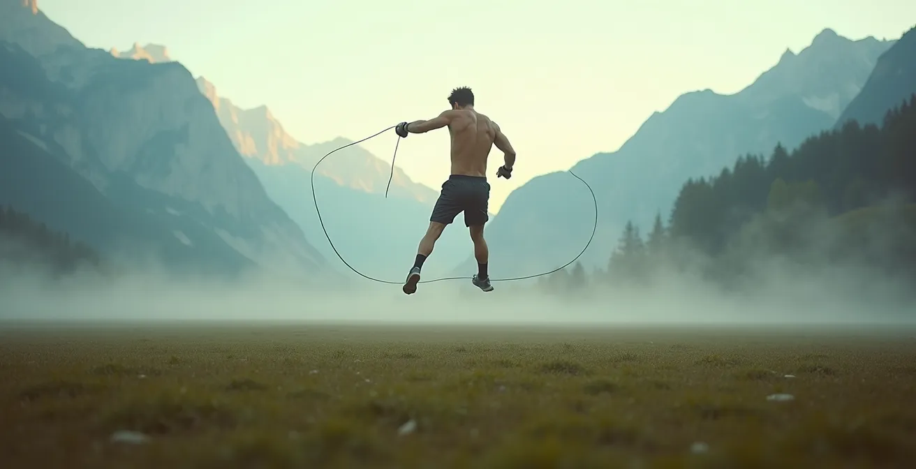 Boxeur s'entraînant à la corde à sauter avec vue sur les Préalpes suisses en arrière-plan
