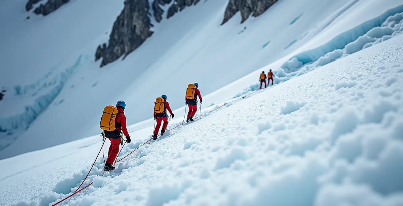 Cordée de randonneurs maintenant la distance idéale sur le glacier avec la corde tendue