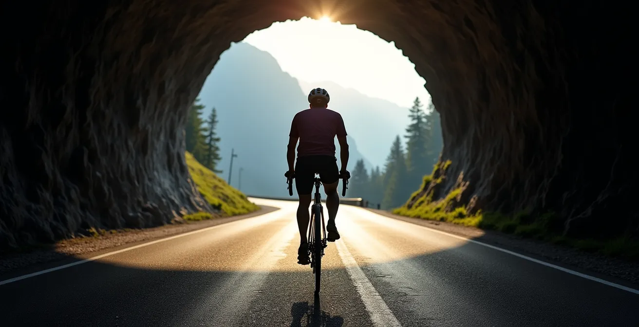 Cycliste à l'entrée d'un tunnel alpin avec contraste lumineux
