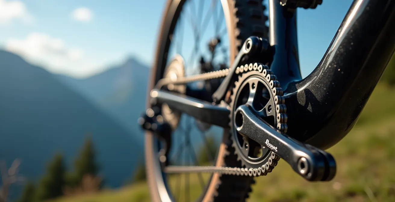 Gros plan sur une cassette de vélo avec chaîne sur grand pignon