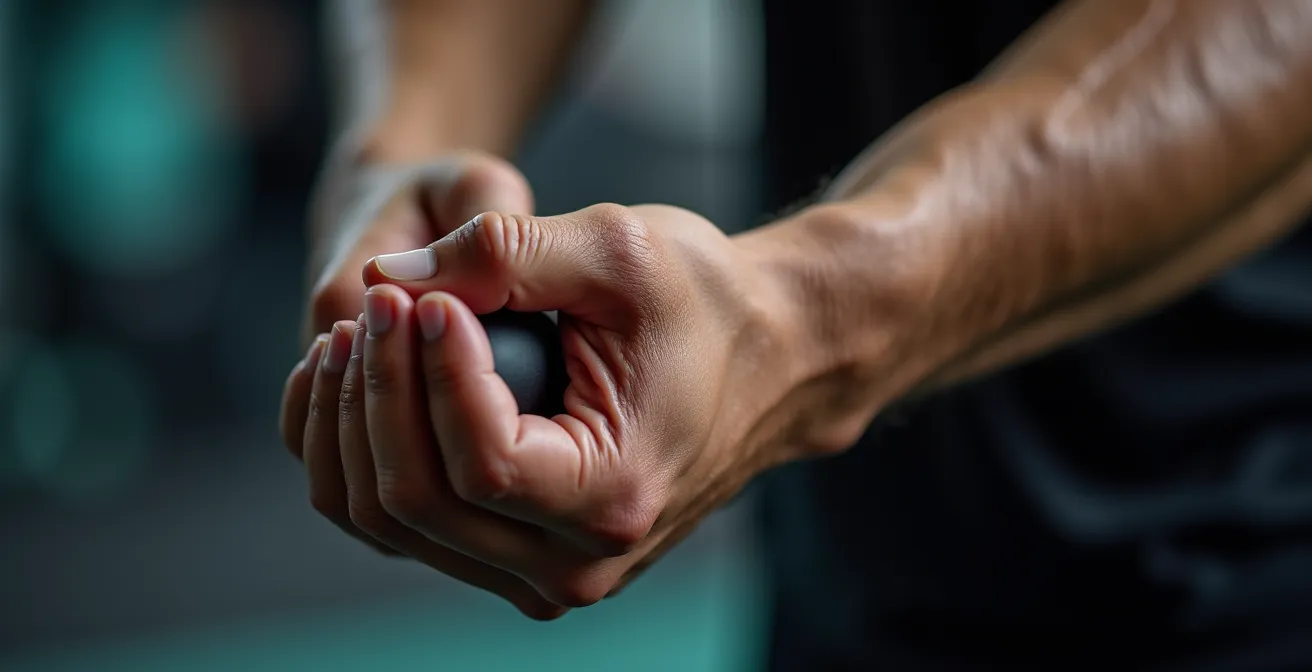 Gros plan macro sur la main d'un athlète en position de concentration avec texture de la peau visible
