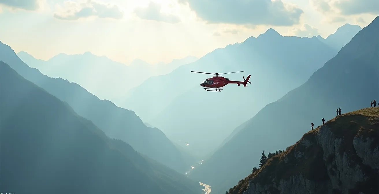 Vue aérienne d'un hélicoptère de secours REGA survolant les Alpes suisses