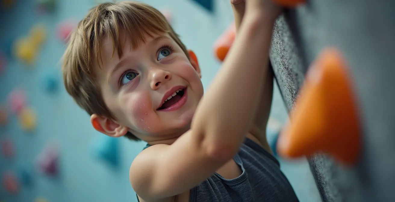 Enfant grimpant sur un mur d'escalade de bloc coloré en intérieur