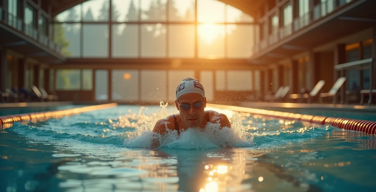 Nageur s'entraînant tôt le matin dans une piscine couverte suisse avec lumière naturelle