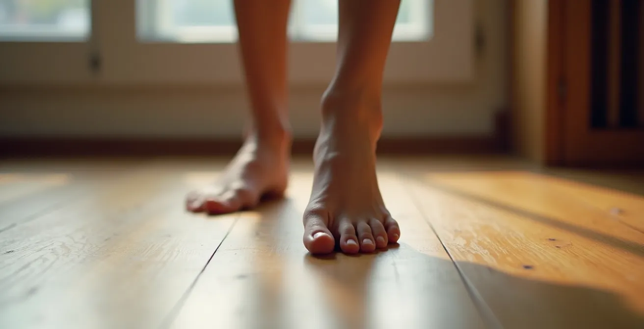 Personne s'entraînant pieds nus sur sol dur avec focus sur la position des pieds
