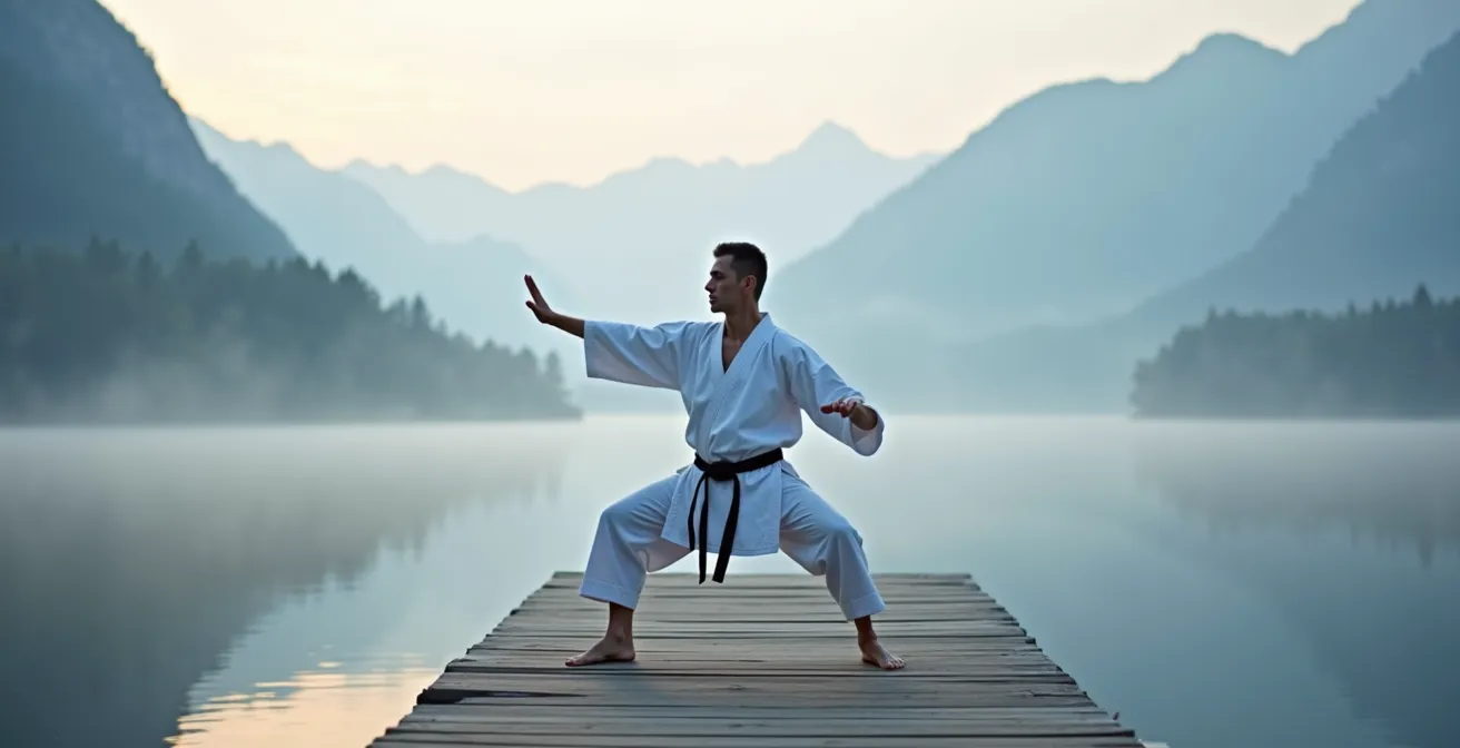 Karatéka s'entraînant seul au bord d'un lac suisse à l'aube