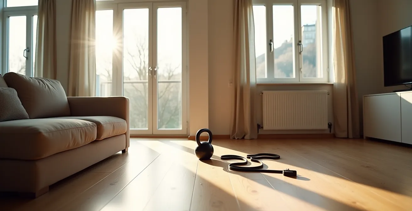 Vue d'ensemble d'un salon suisse typique aménagé avec un coin d'entraînement minimaliste