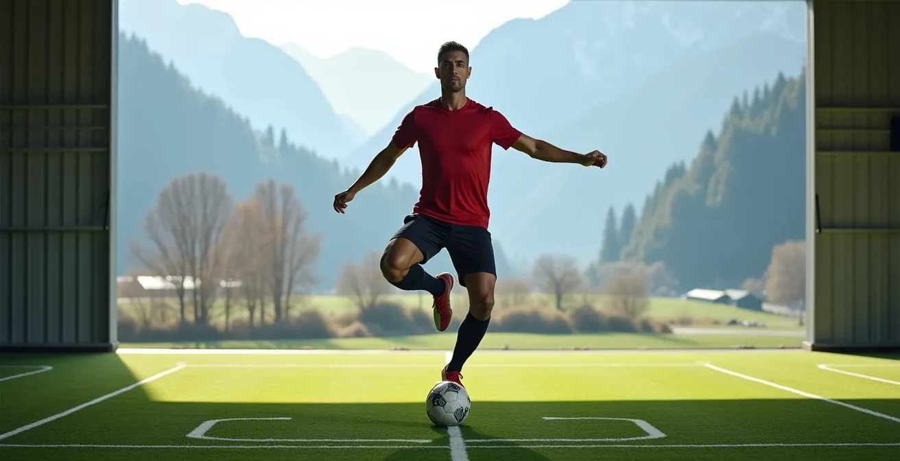 Footballeur effectuant des exercices d'équilibre sur une jambe sur terrain synthétique