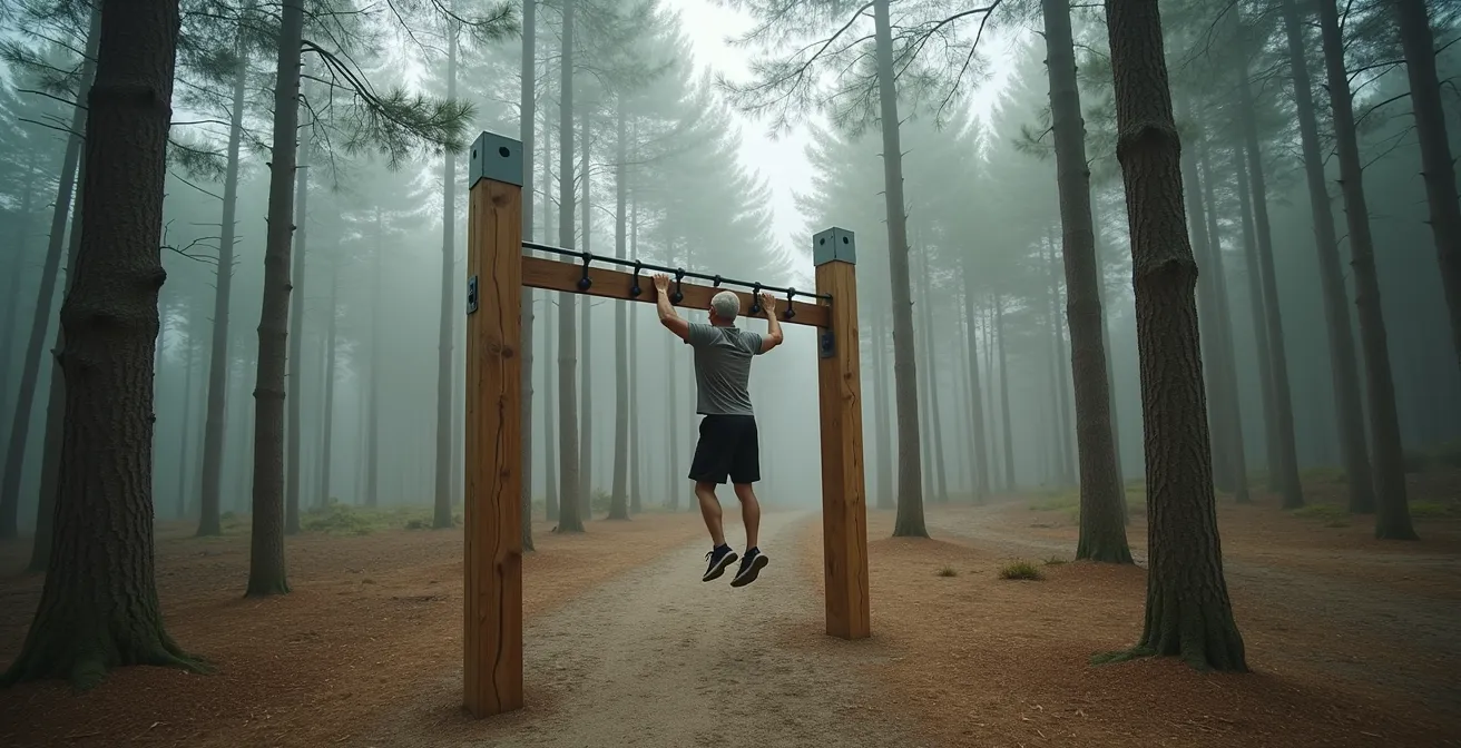Personne utilisant les installations d'un vitaparcours suisse pour des exercices de renforcement musculaire