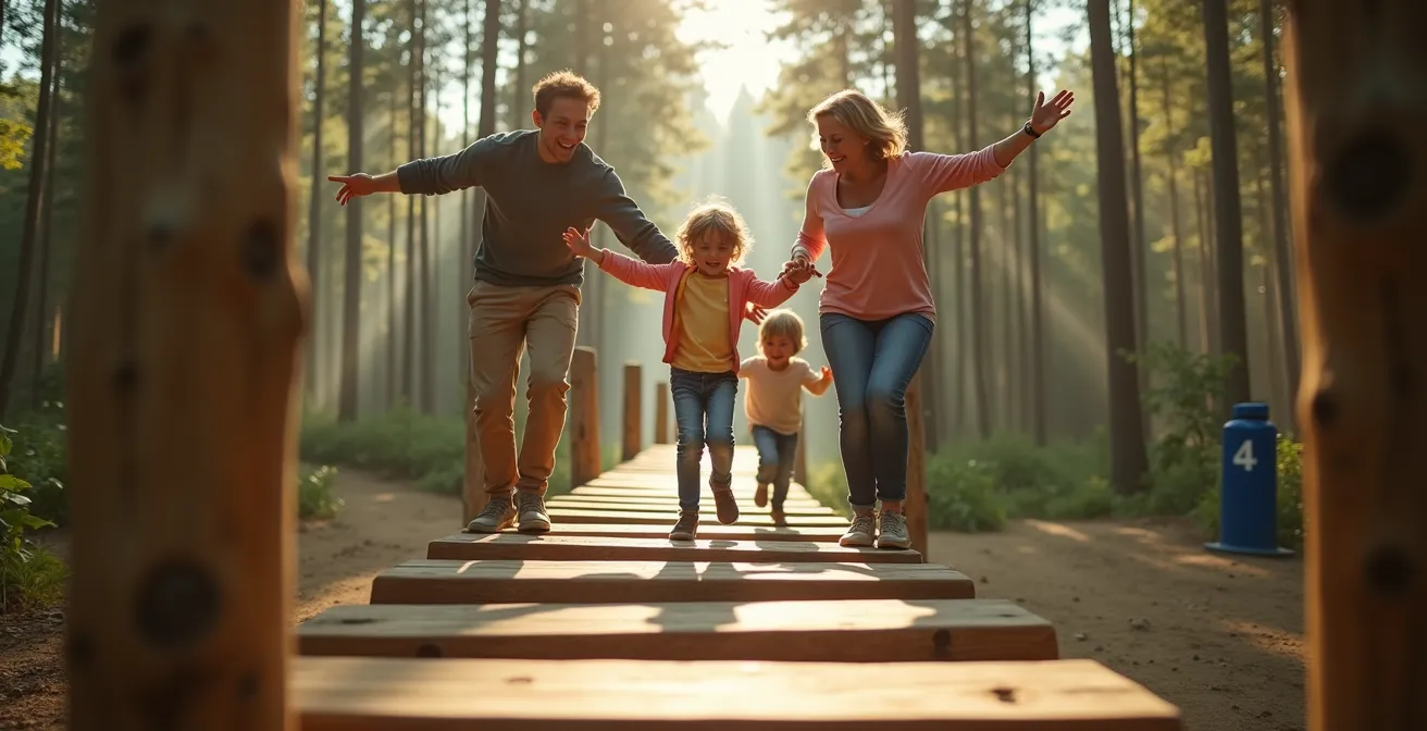 Famille avec enfants s'amusant sur un poste d'équilibre du parcours Vita