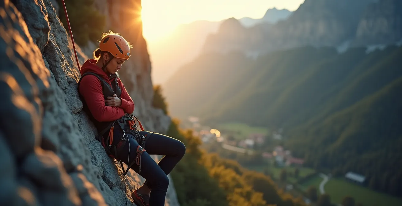 Grimpeur en position de repos sur un passage en dévers d'une via ferrata alpine