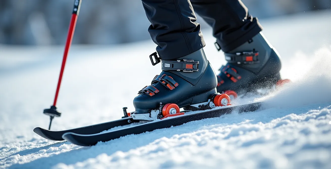 Gros plan sur la flexion de la cheville d'un skieur en position de carving