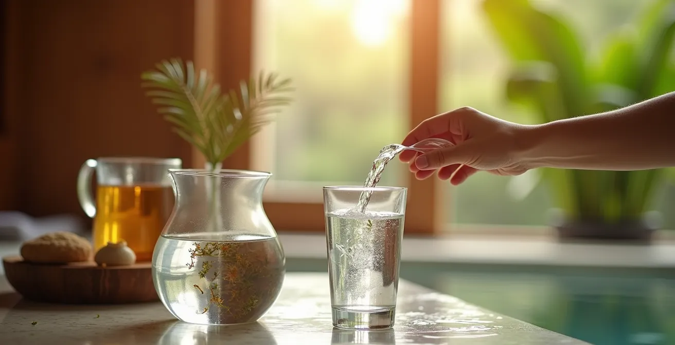 Espace tisanerie avec fontaine d'eau et sélection d'infusions dans un cadre thermal moderne