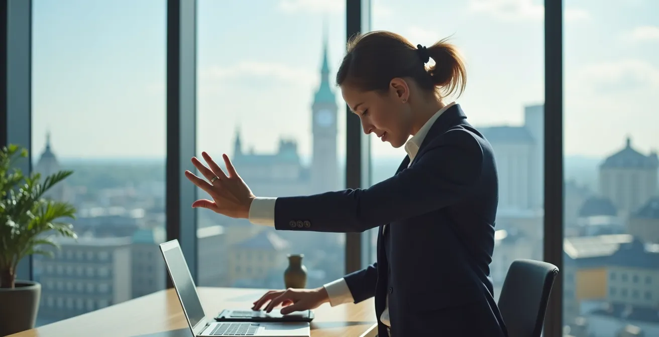 Employé de bureau intégrant des micro-sessions d'exercice dans sa journée de travail