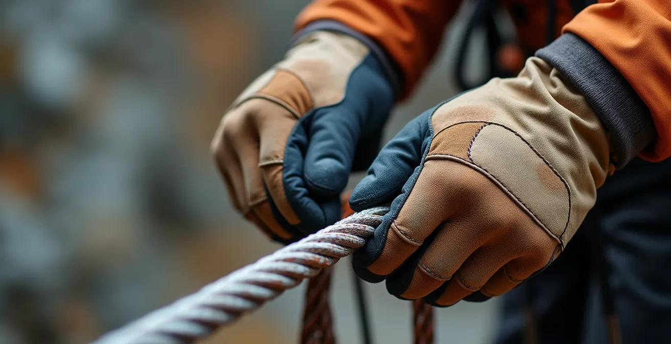 Gros plan sur des mains gantées tenant fermement un câble métallique de via ferrata