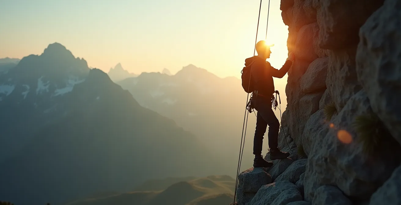 Grimpeur de dos en pause sur une falaise, regardant sereinement le panorama alpin suisse au lieu de regarder en bas, symbolisant la maîtrise du vertige.