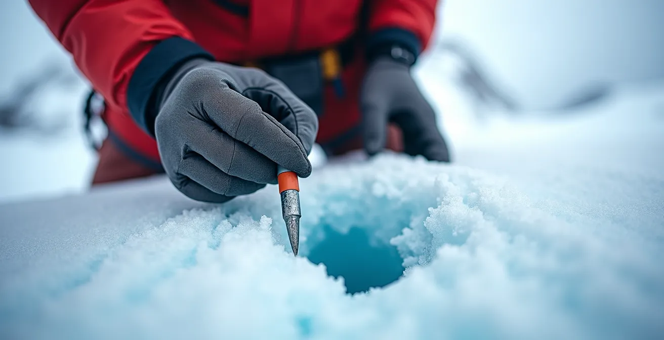 Guide de haute montagne sondant une zone de crevasses cachées sur le glacier