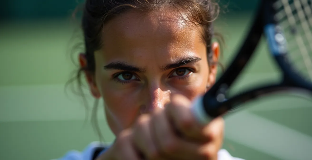 Portrait serré d'un joueur de tennis en pleine concentration avant de servir