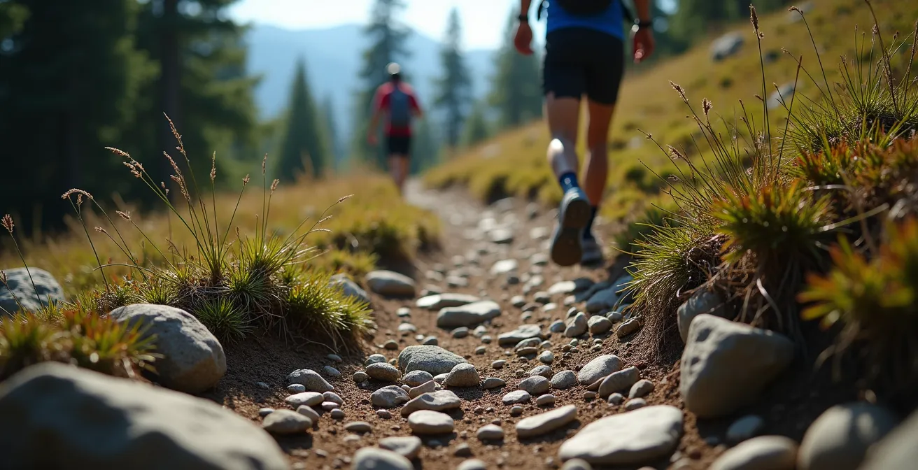 Vue subjective d'un coureur analysant le terrain technique devant lui