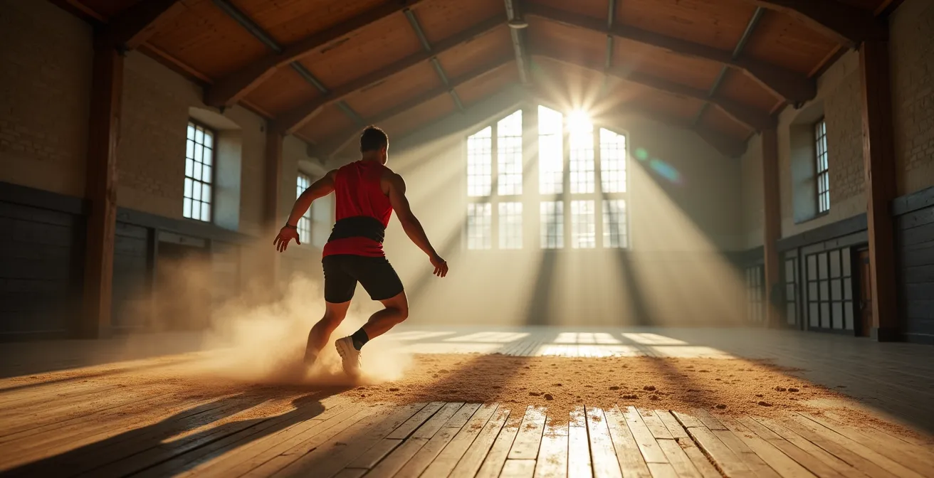 Lutteur suisse en position de préparation explosive dans une salle d'entraînement traditionnelle
