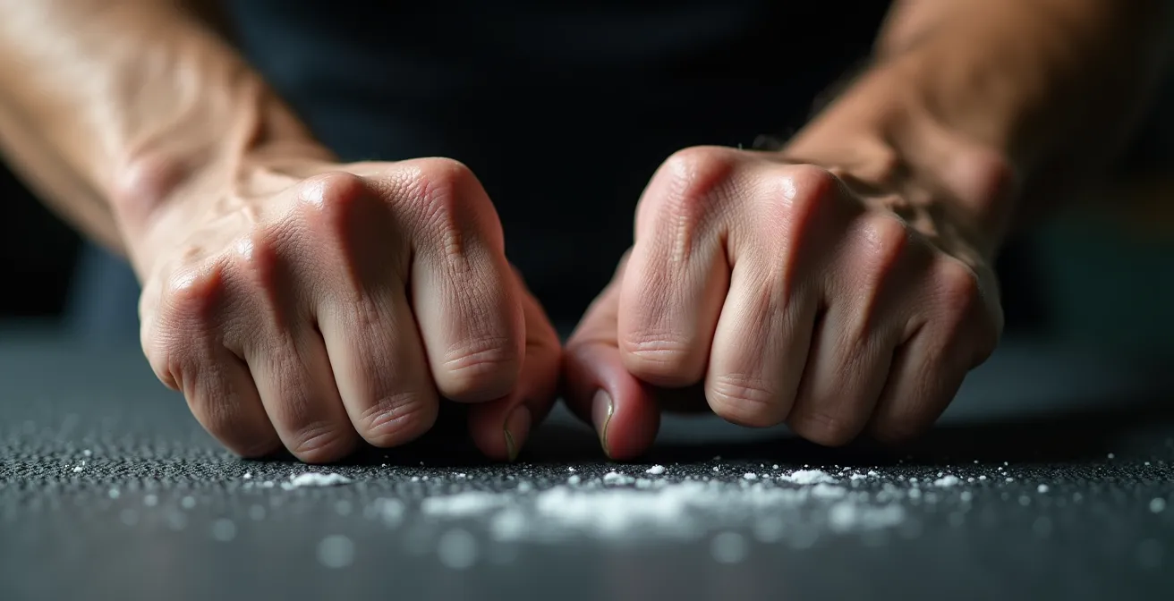 Gros plan sur les poings d'un athlète en position de pompe sur surface texturée
