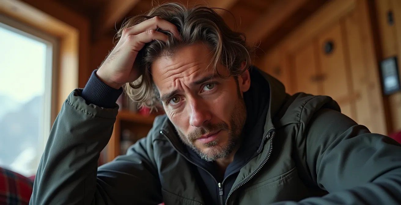 Alpiniste au repos dans une cabane de montagne suisse évaluant son état de santé