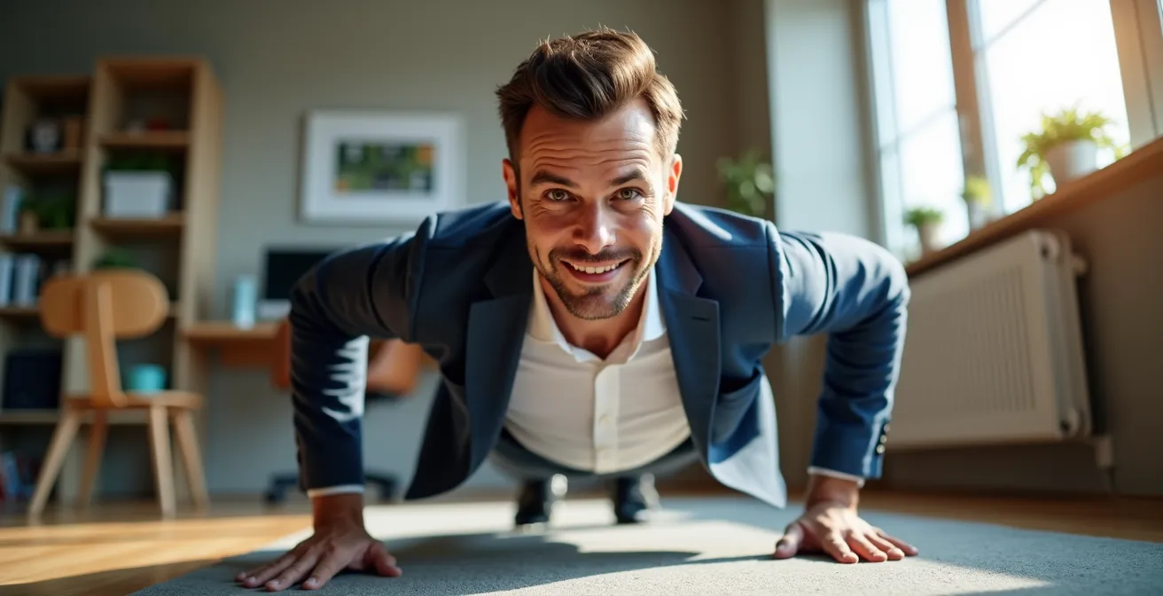 Homme en tenue de bureau effectuant des pompes parfaites dans un environnement de télétravail