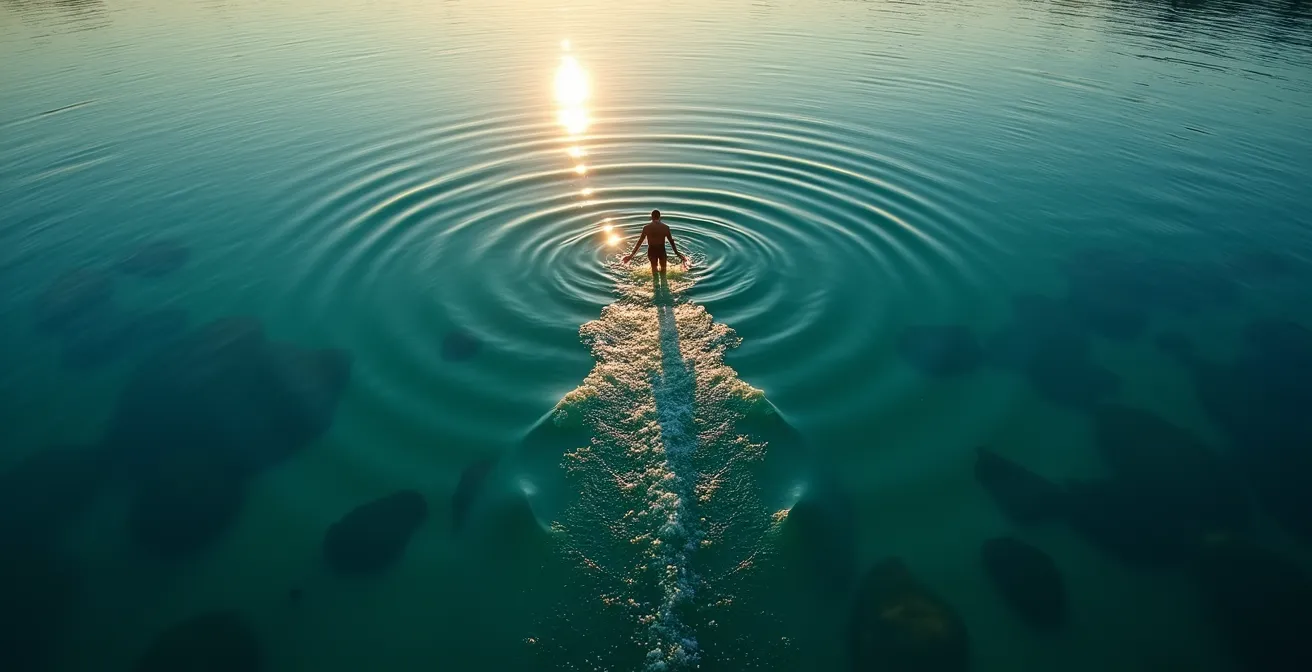 Vue aérienne d'un nageur en combinaison néoprène dans le lac Léman avec repères visuels suisses