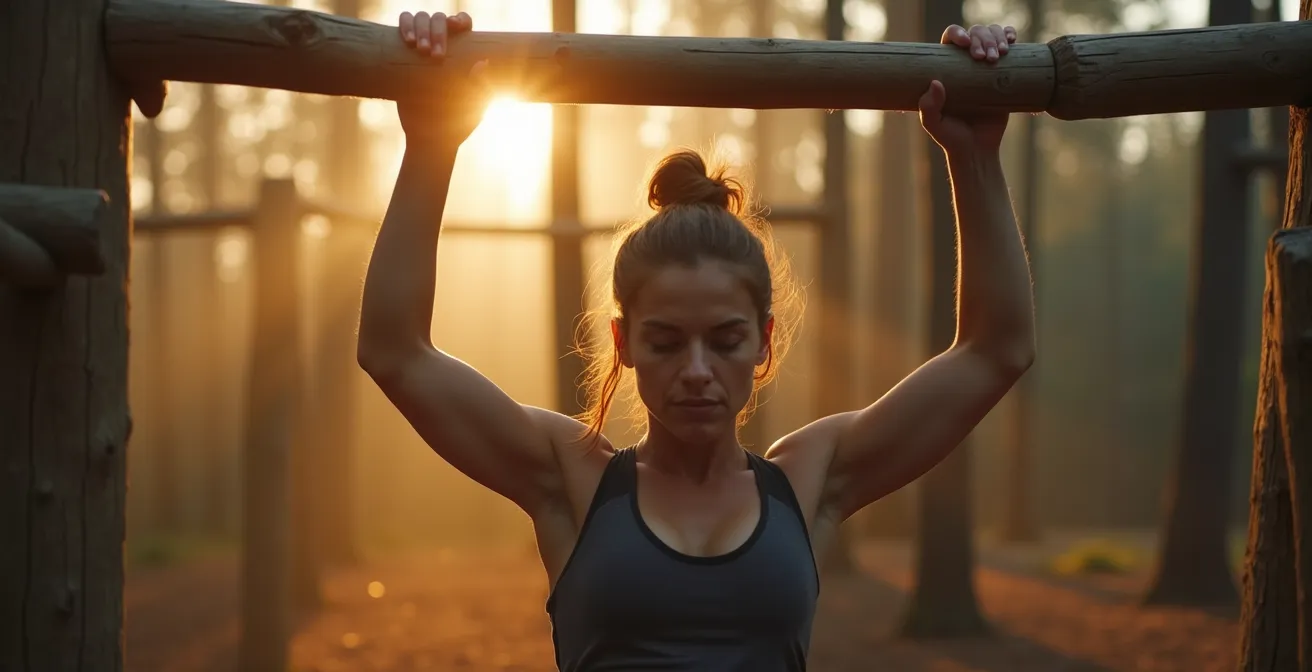 Personne s'entraînant sur un parcours vita en forêt suisse au lever du soleil