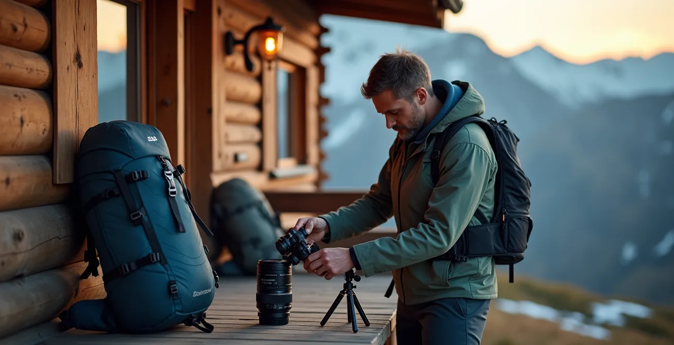 Randonneur photographe organisant son matériel photo devant un refuge de montagne suisse