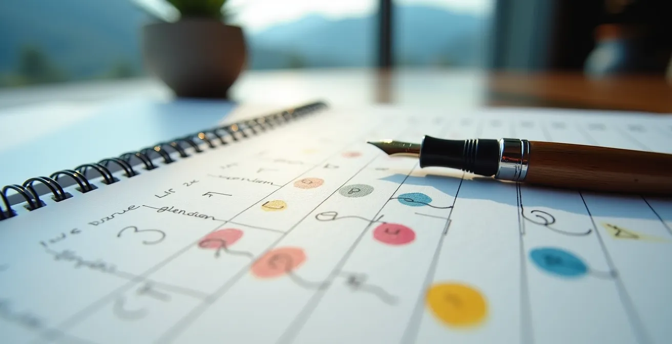 Vue macro détaillée d'un planning d'entraînement intégré à un agenda professionnel