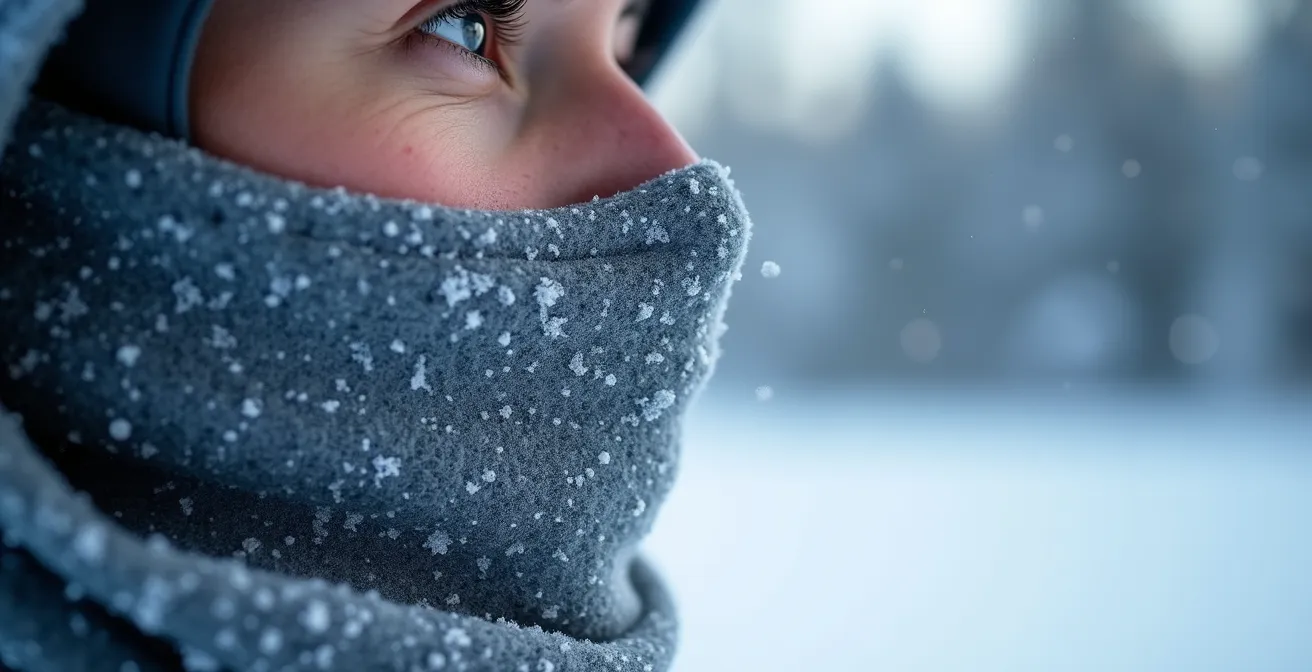 Skieur de fond portant un buff protecteur en hiver dans les Alpes suisses