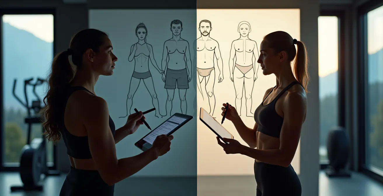 Deux approches de coaching sportif illustrées côte à côte dans un studio moderne
