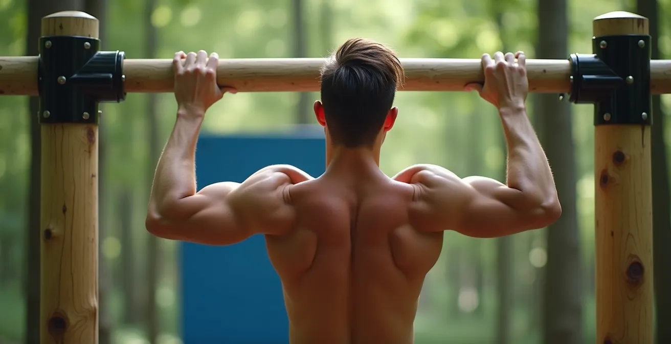 Athlète effectuant une traction australienne sur une barre basse du parcours Vita